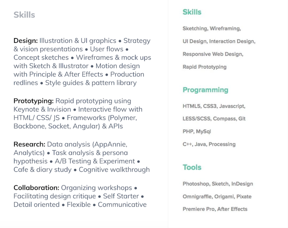 Example of showcasing skills in a UX designer resume