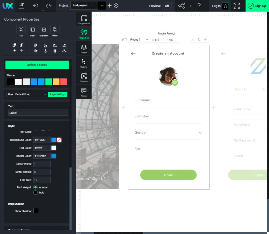 Screenshot of design tool UX-App