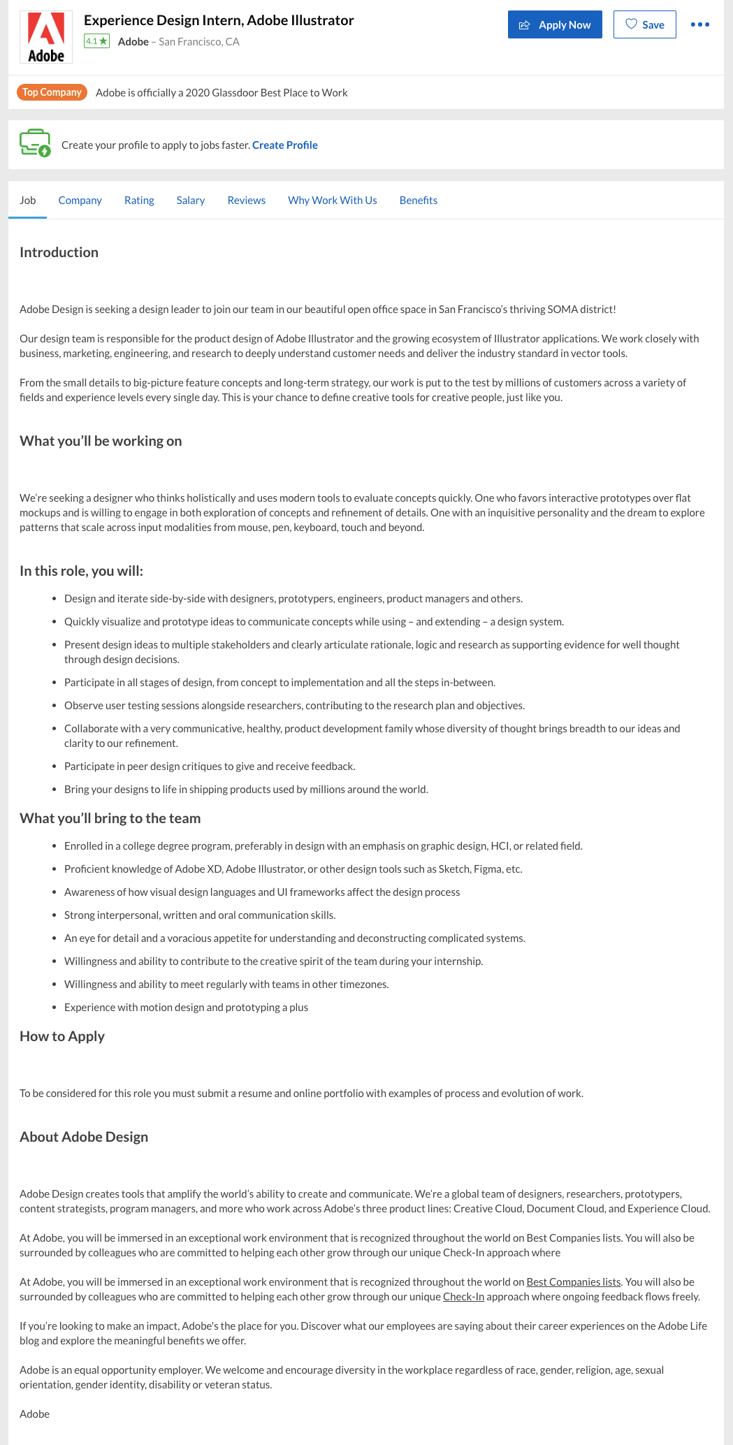 Adobe UX designer internship post in 2020
