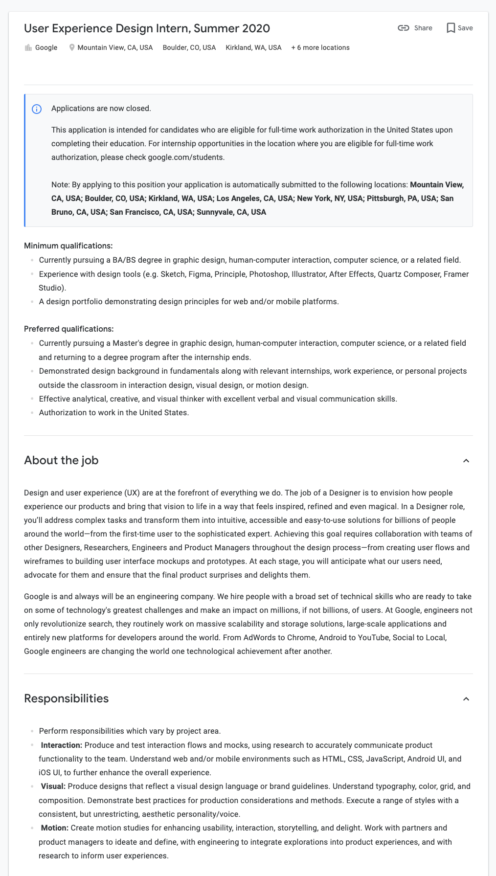 Google UX design internship post in 2020