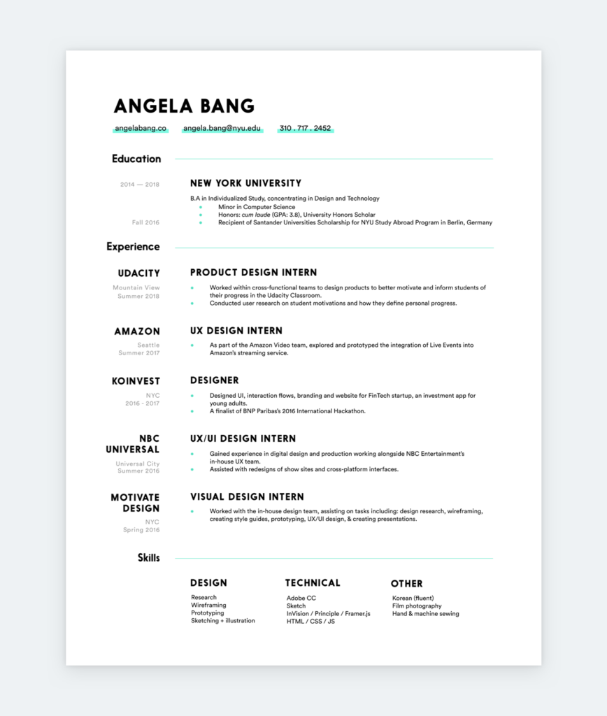 Angela Bang's product designer resumé