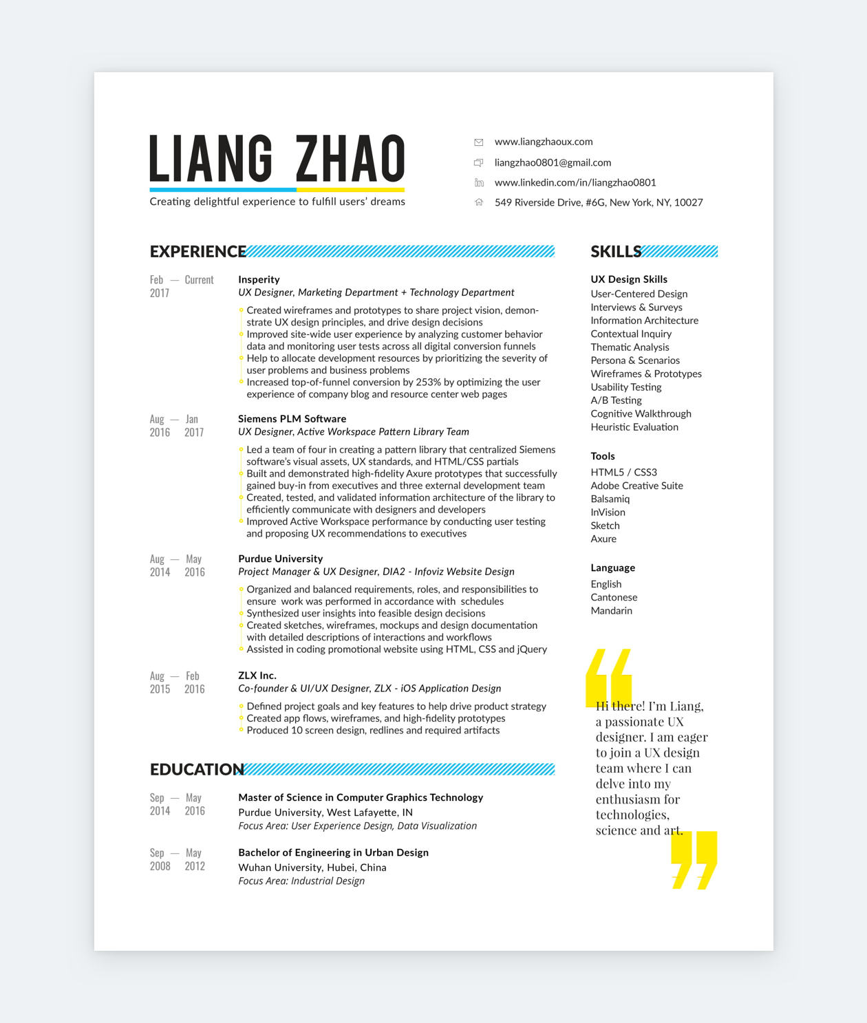 Liang Zhao's product designer resumé