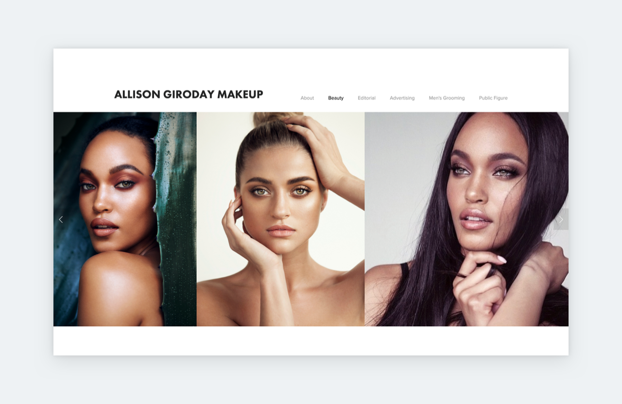 Screenshot of Allison Giroday's makeup artist portfolio