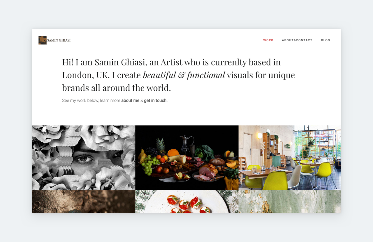 Screenshot of Samin Ghiasi's art director portfolio