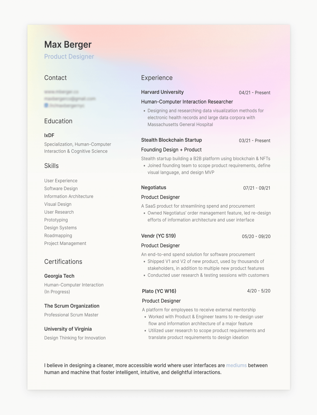 Screenshot of a UX resume by Max Berger