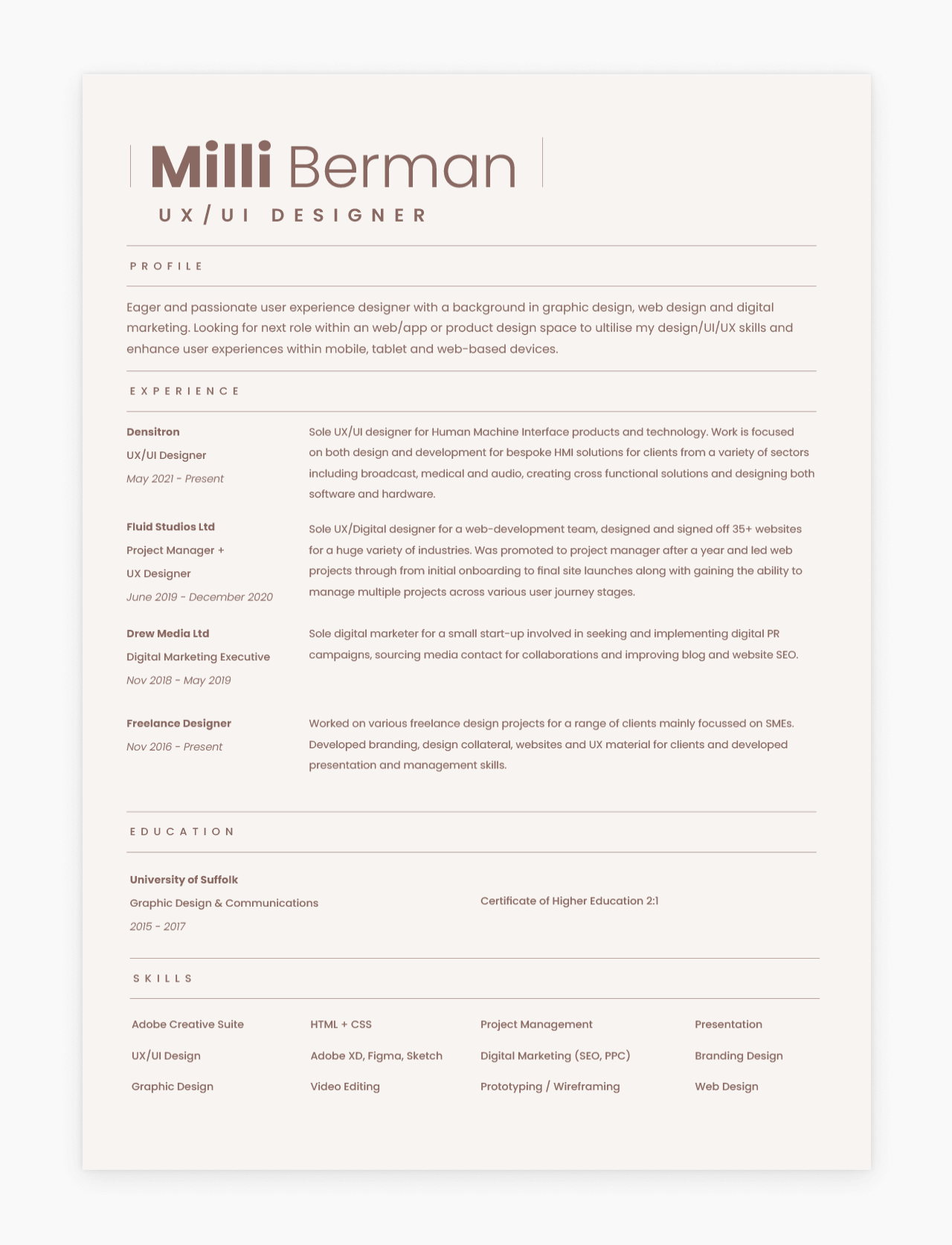 Screenshot of a UX resume by Milli Berman