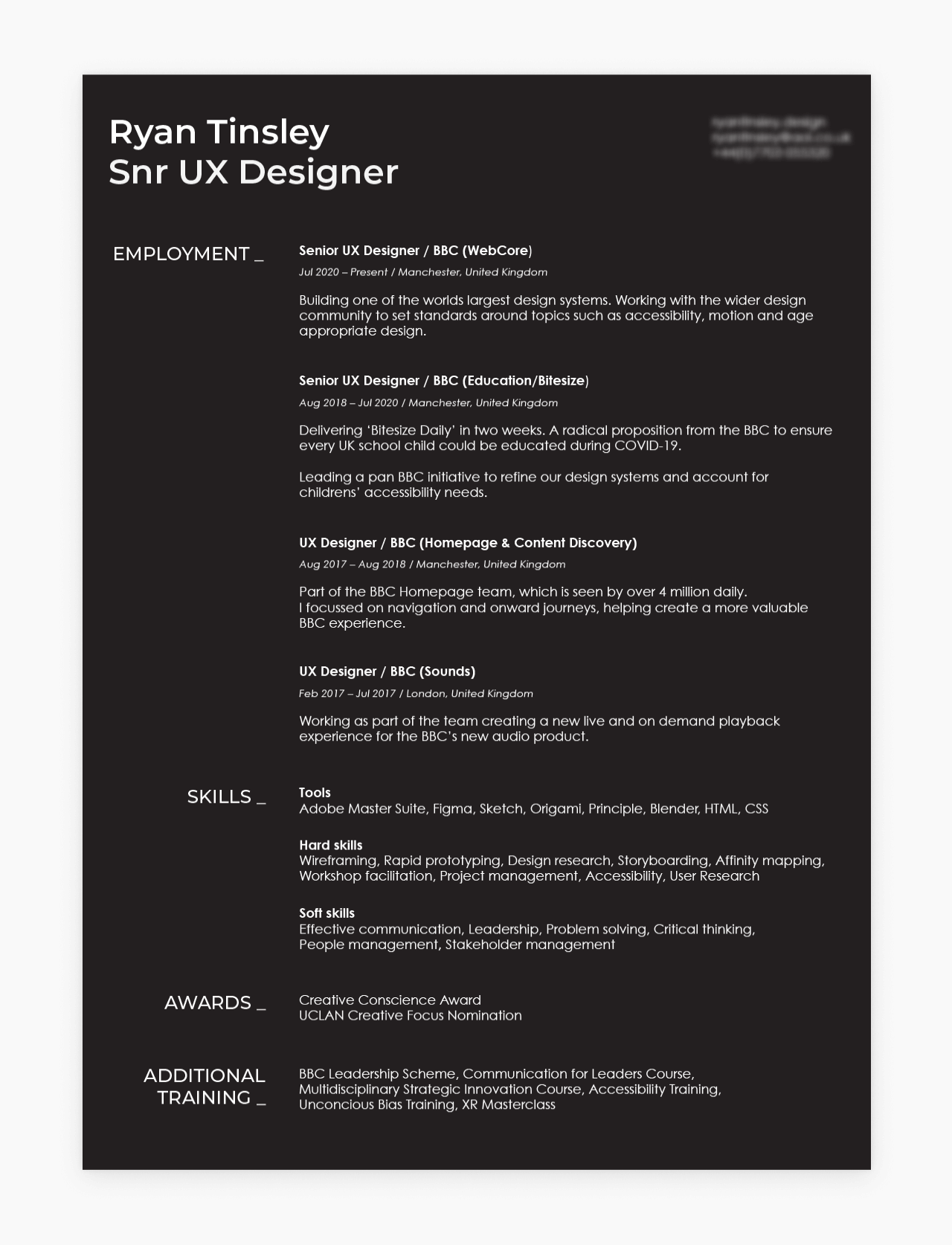 Screenshot of a UX resume by Ryan Tinsley