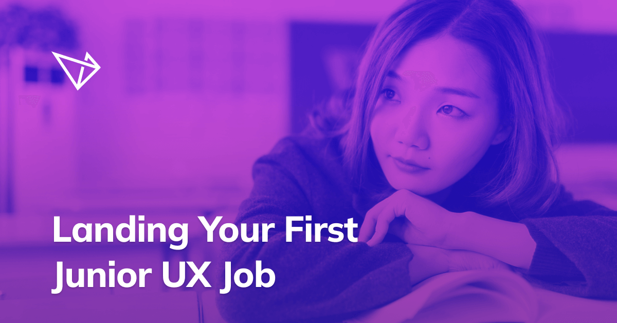 Cover image with a lady sitting at a table with a book and text saying "Landing Your First Junior UX Job"