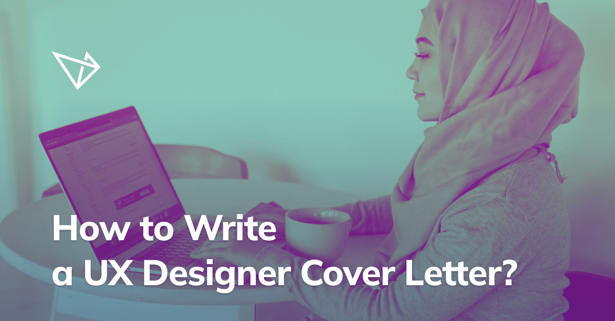 A lady in typing on a Macbook with text saying "How to write a UX designer cover letter?"