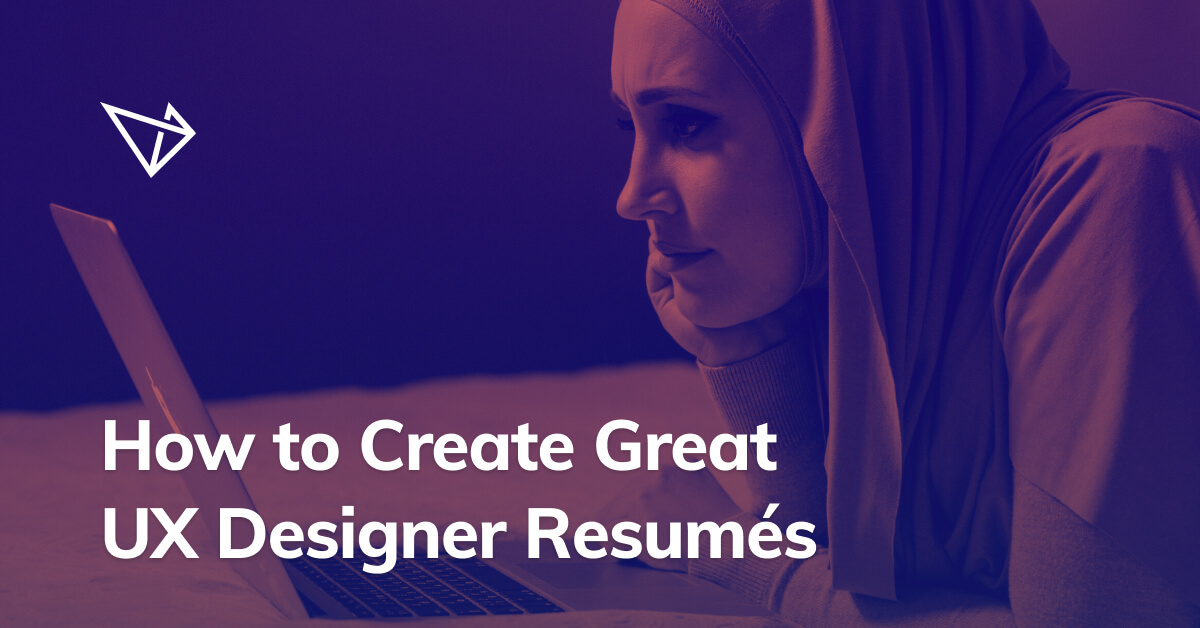 A lady looking at a cimputer screen with text saying "How to Create Great UX Designer Reusmes"
