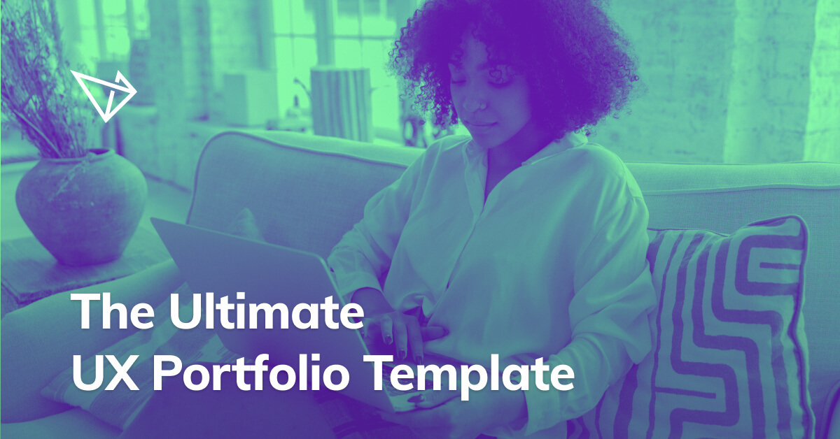 A lady sitting on a sofa with a computer on her lap with text saying "The Ultimate UX Portfolio Teamplate"