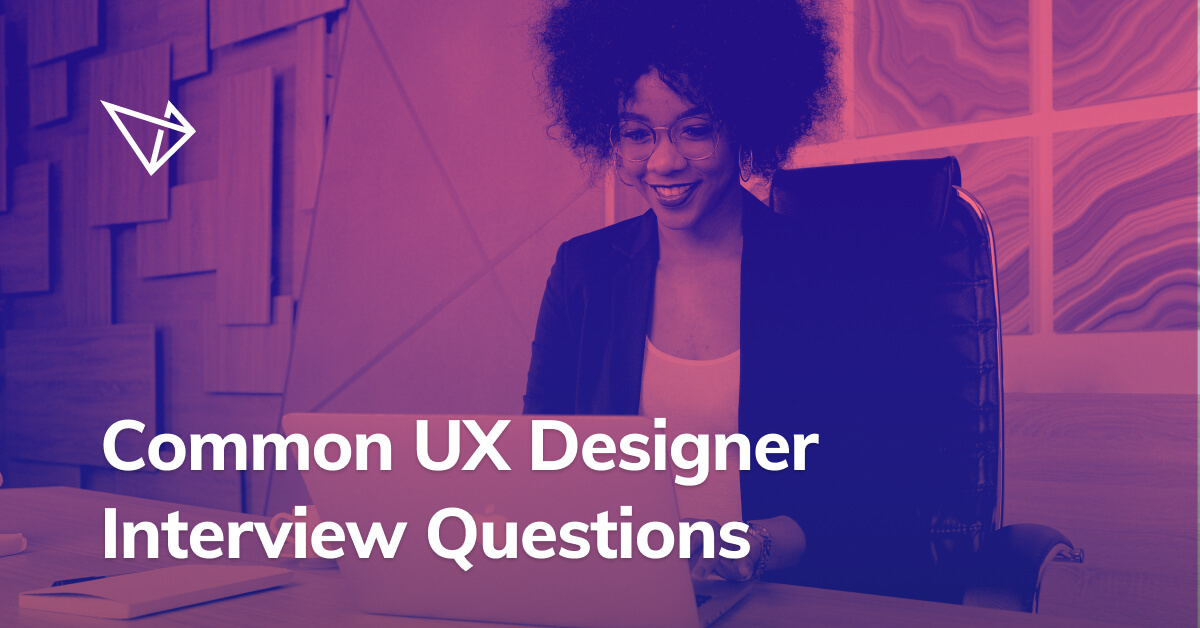 A lady working at a computer with text saying "Common UX designer interview questions"