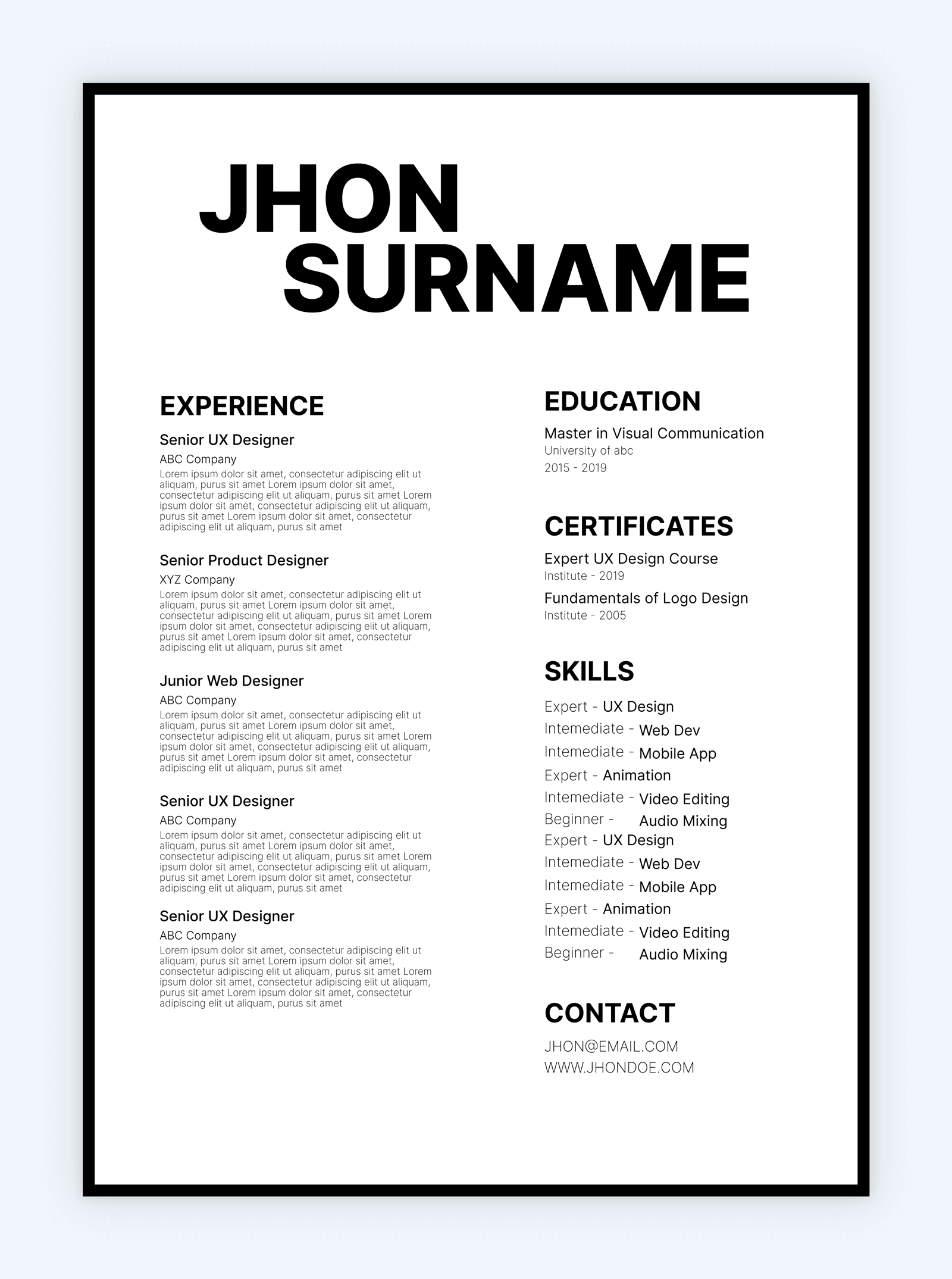 Screenshot of a resume template on a grey background