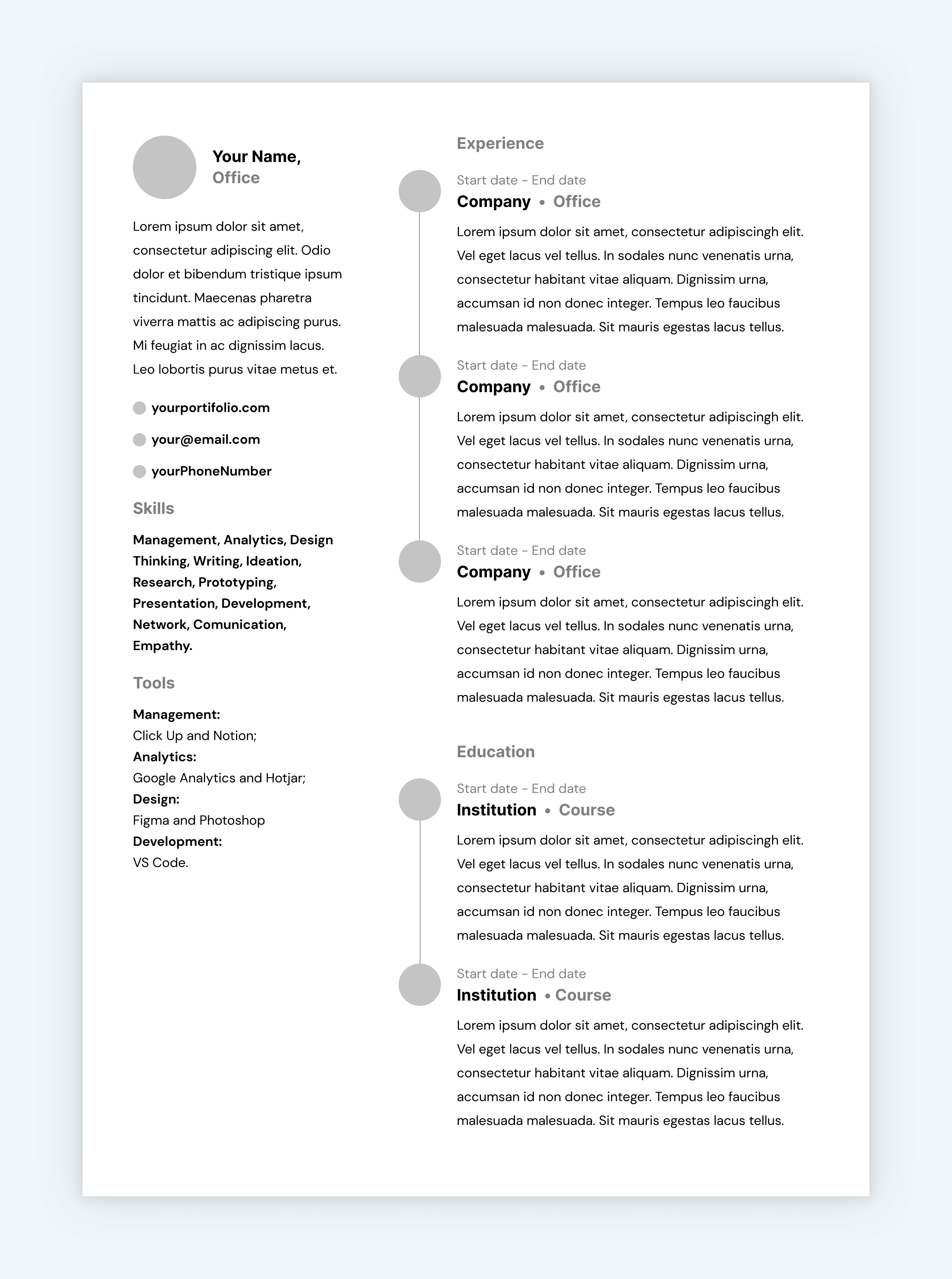 Screenshot of a resume template on a grey background