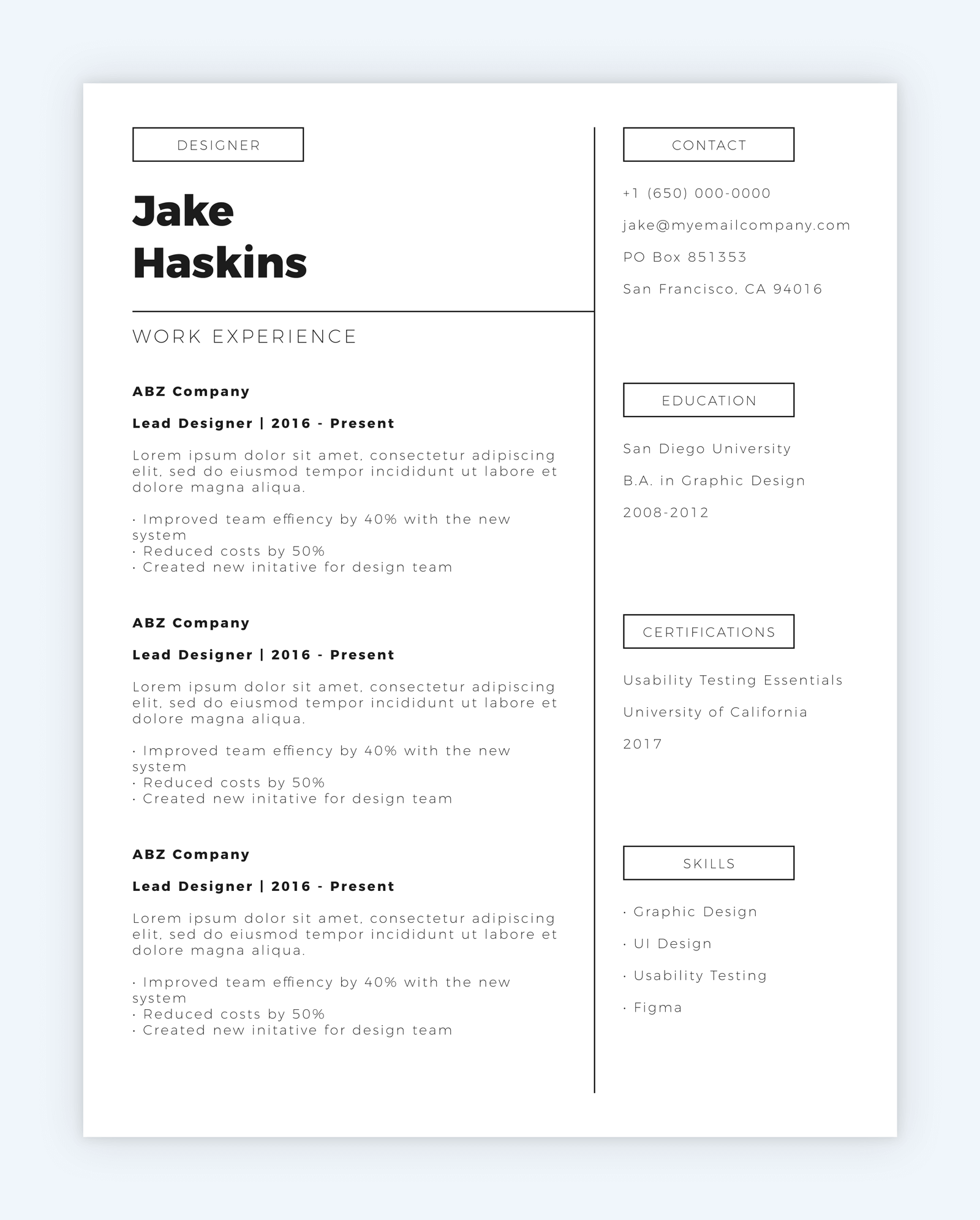 Screenshot of a resume template on a grey background