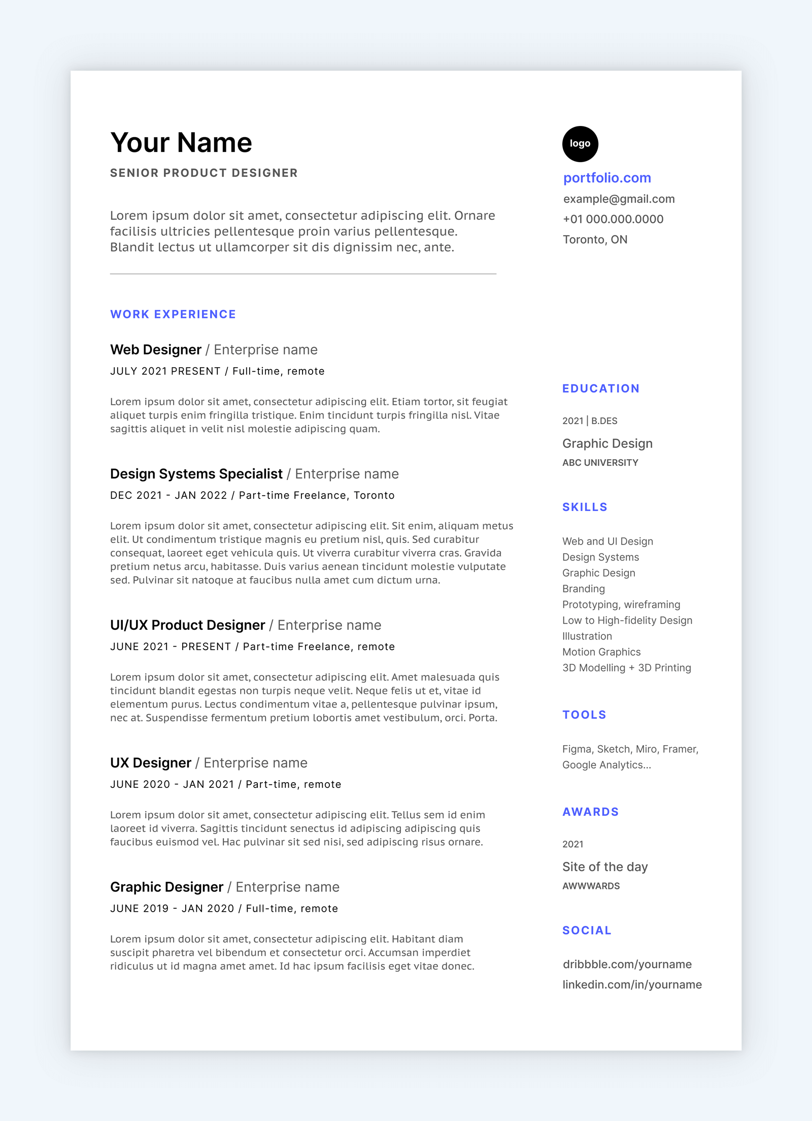 Screenshot of a resume template on a grey background