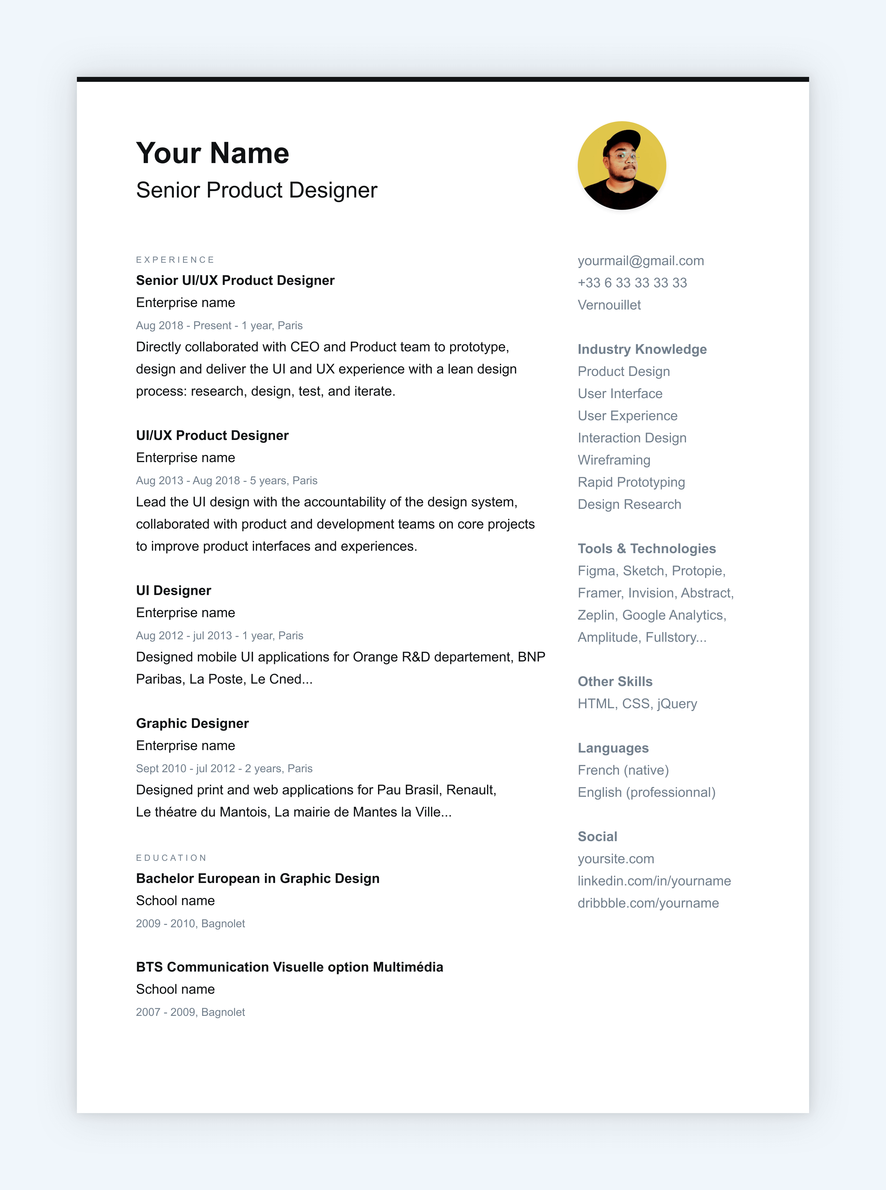 Screenshot of a resume template on a grey background