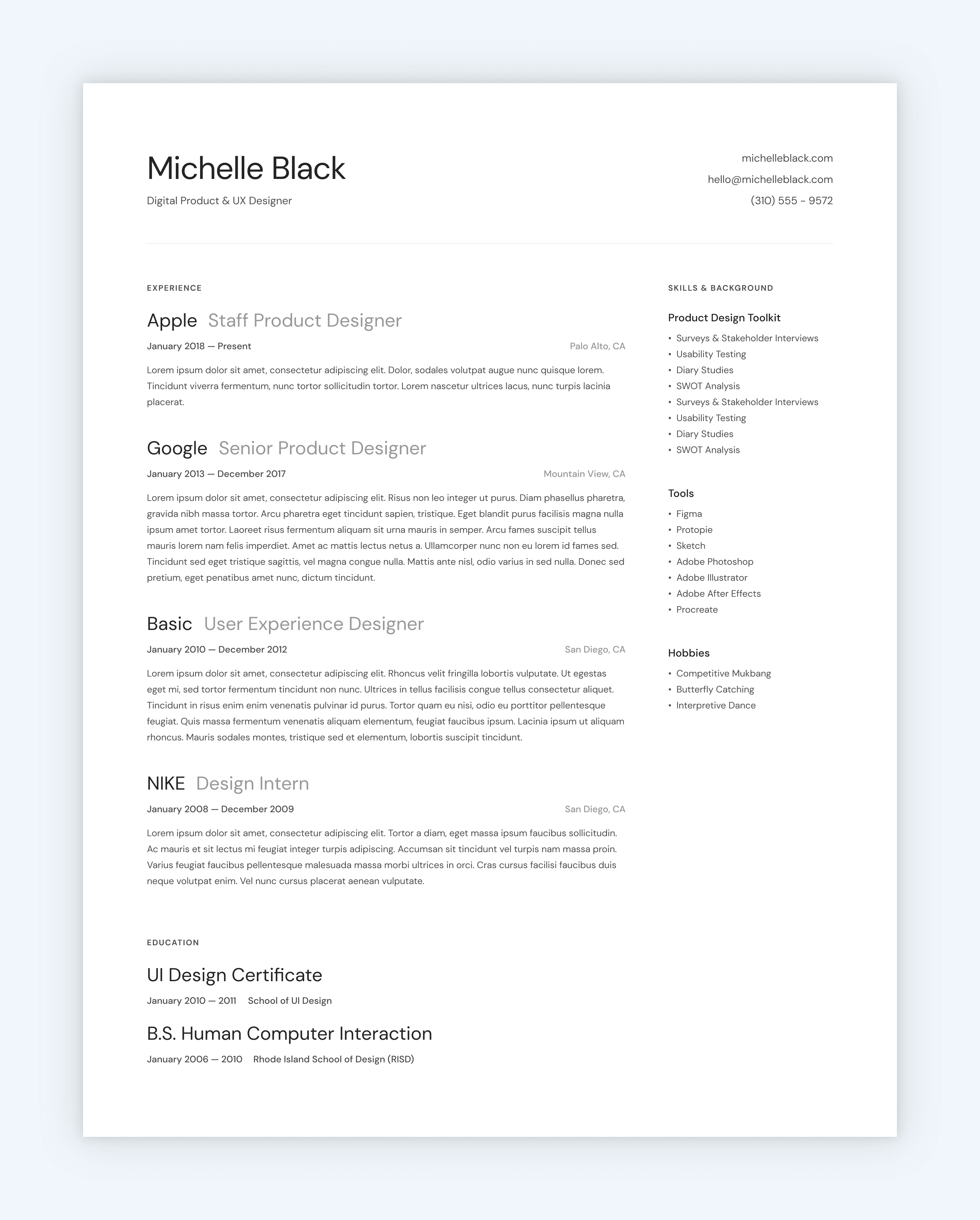 Screenshot of a resume template on a grey background