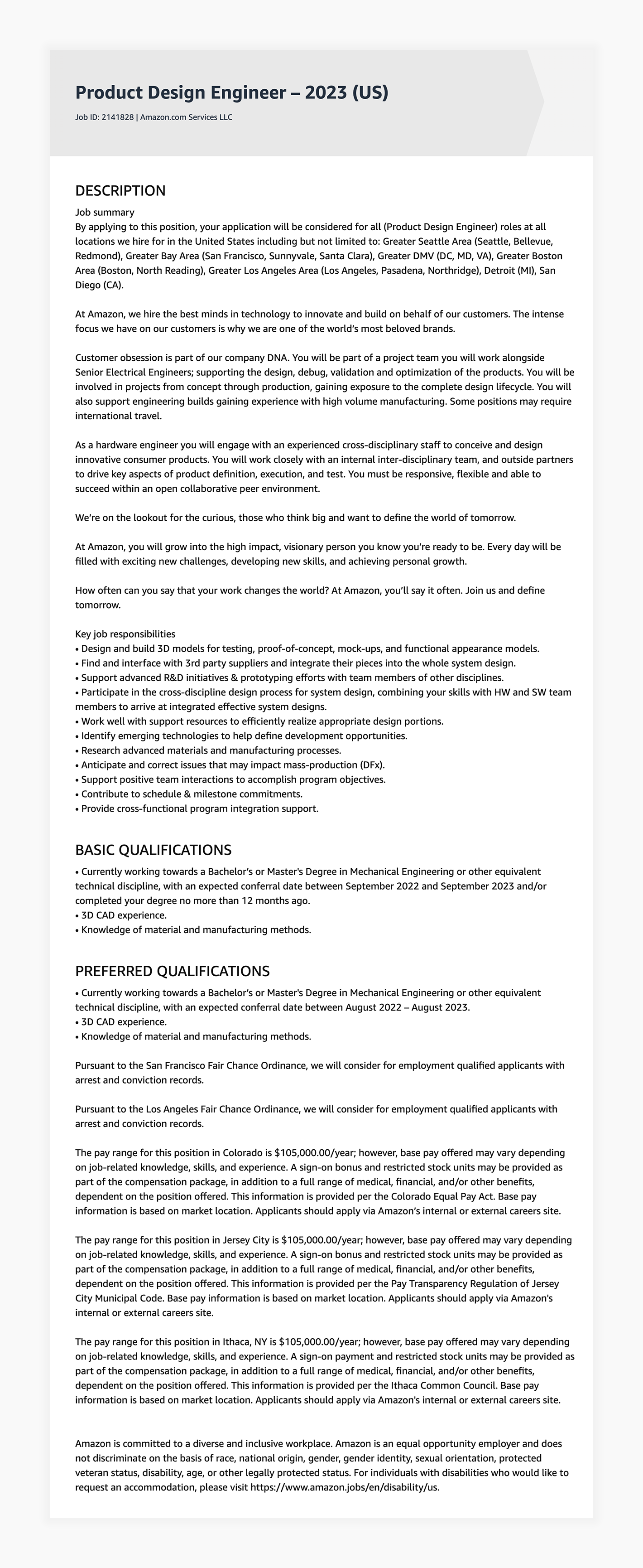 Screenshot of Amazon's product design engineer job post