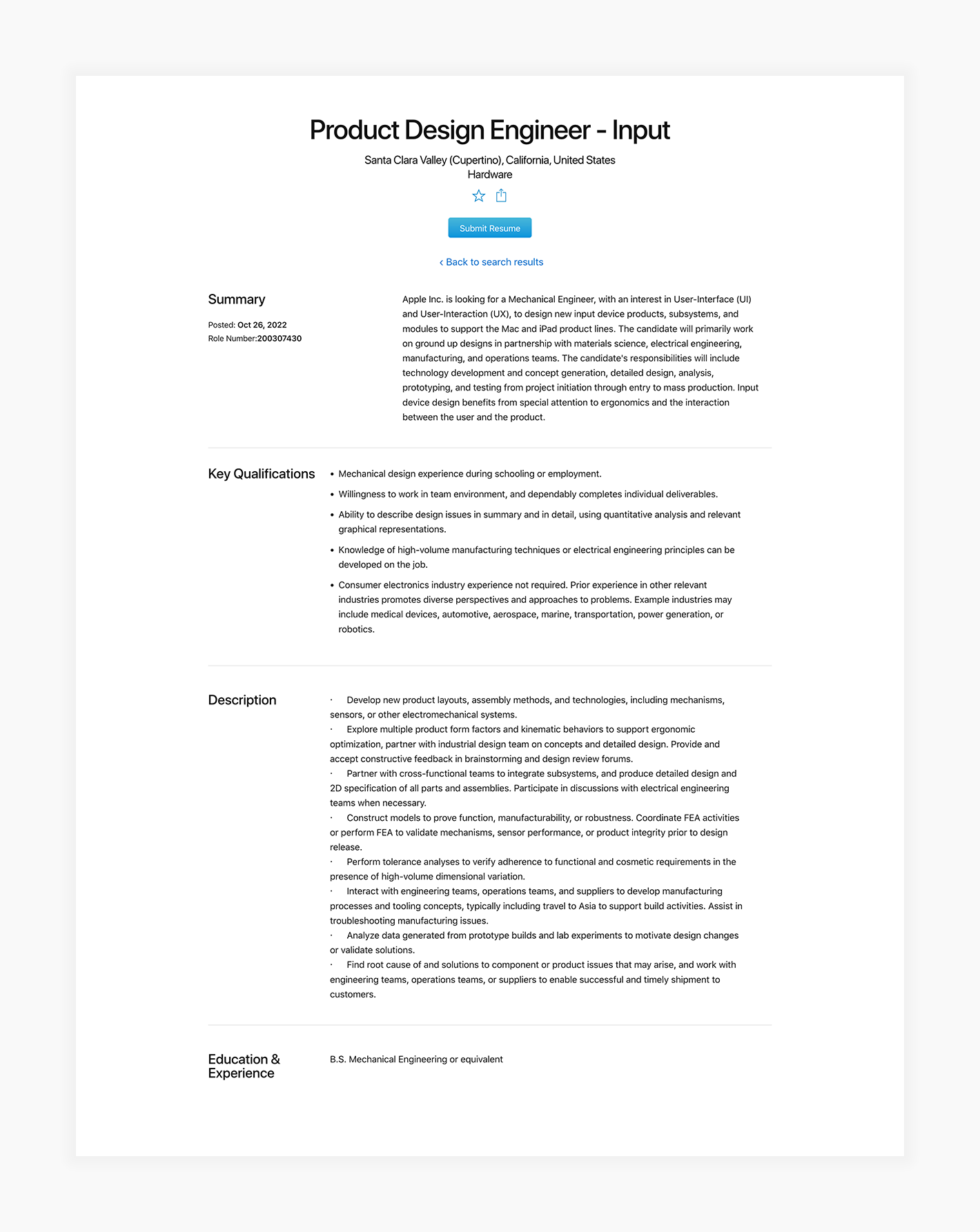 Screenshot of Apple Product Design Engineer job description