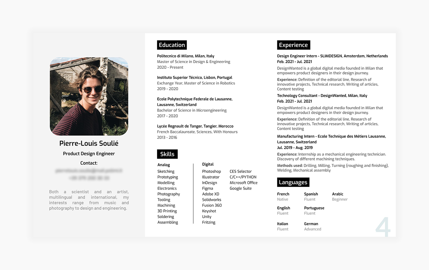 Screenshot of a resume page in a product design engineer portfolio