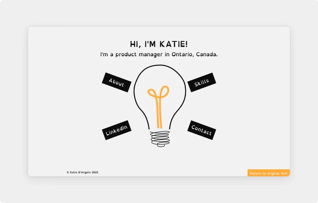 Screenshot of a product manager portfolio with a lightbulb drawing as the centerpiece. The navigation options and the brief introduction are around it.