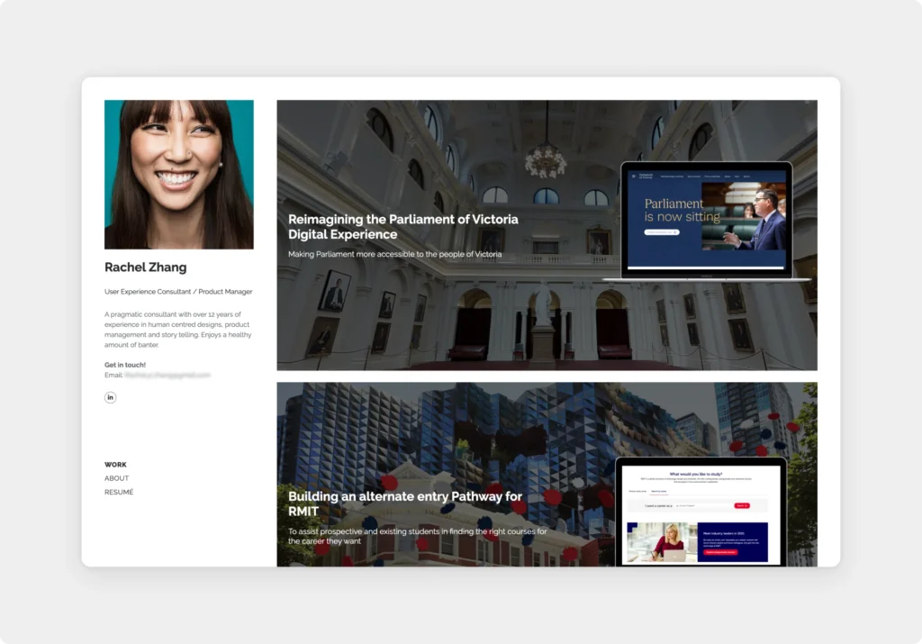 Screenshot of A product manager website created with UXfolio, featuring a profile picture and large thumbnails.