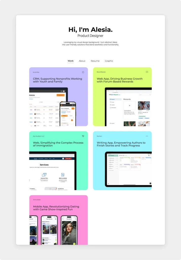 Screenshot of Alesia Ciocan's product design portfolio website
