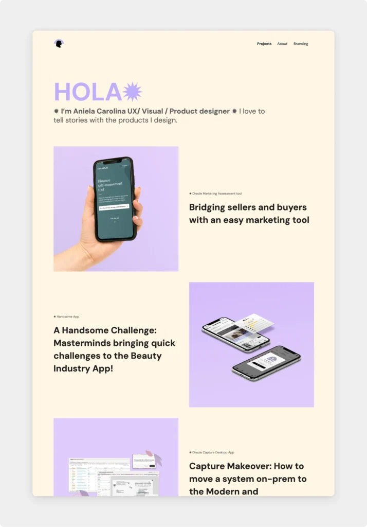 Screenshot of Aniela Carolina's UX design portfolio with a peach background color and vibrant purple case study thumbnails