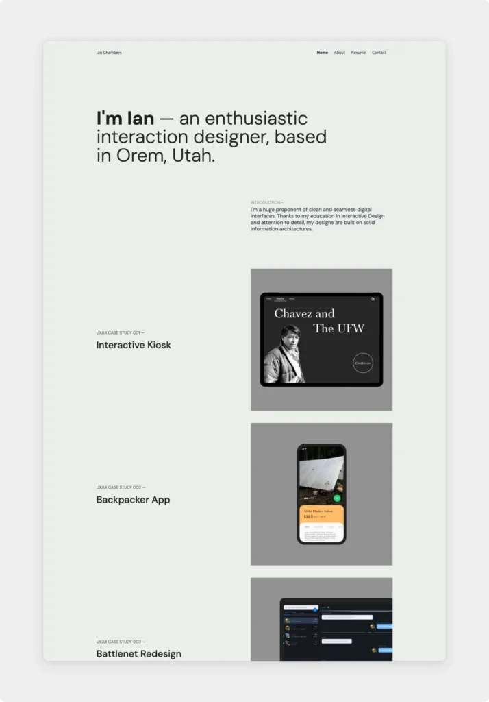 Screenshot of Ian Chambers' modern and minimal portfolio website