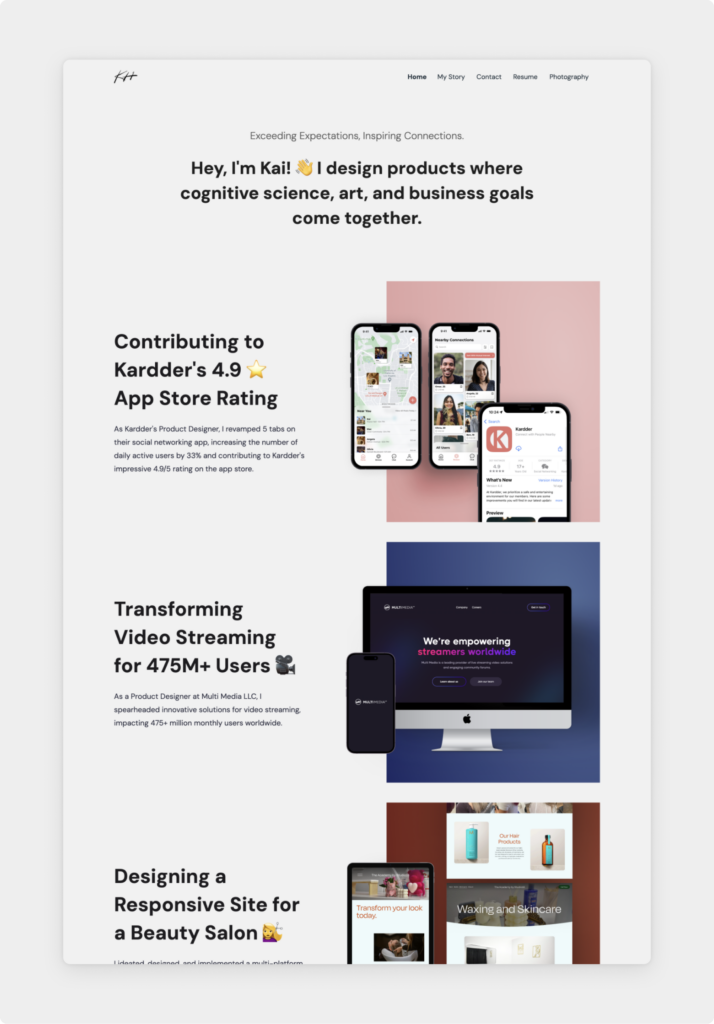 Screenshot of Kai Huang's web design portfolio on a grey background