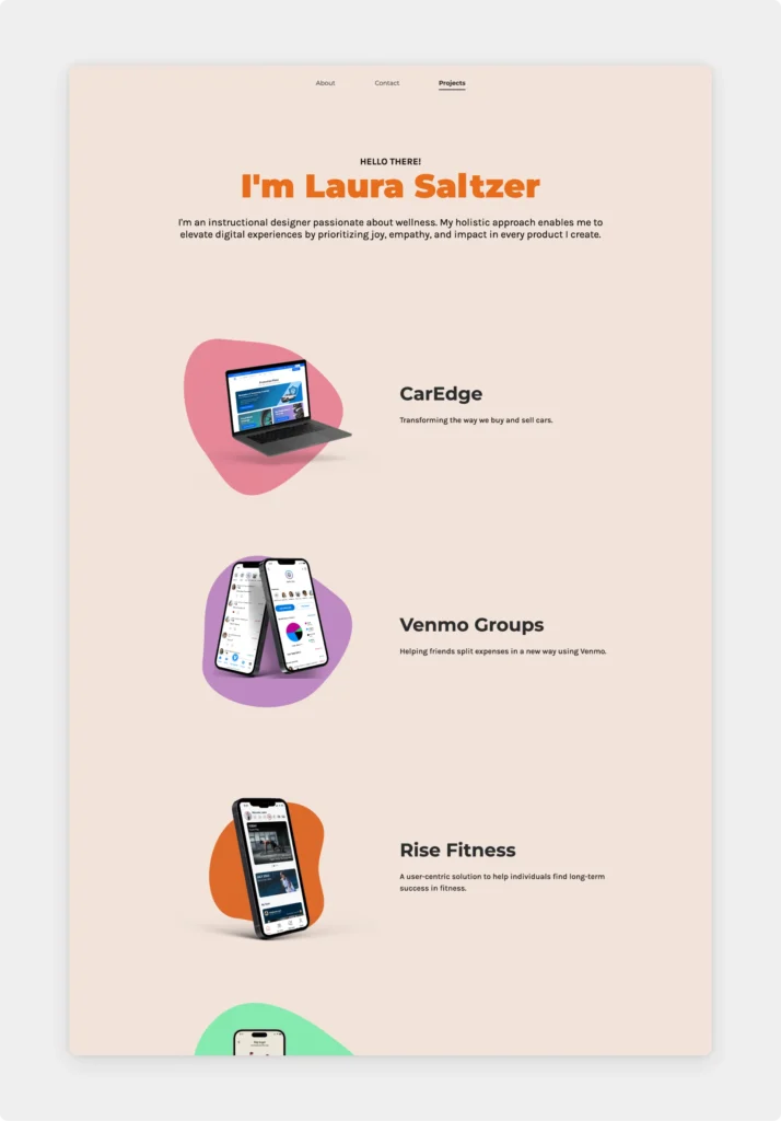 Screenshot of a peach and orange web design portfolio created by Laura Saltzer