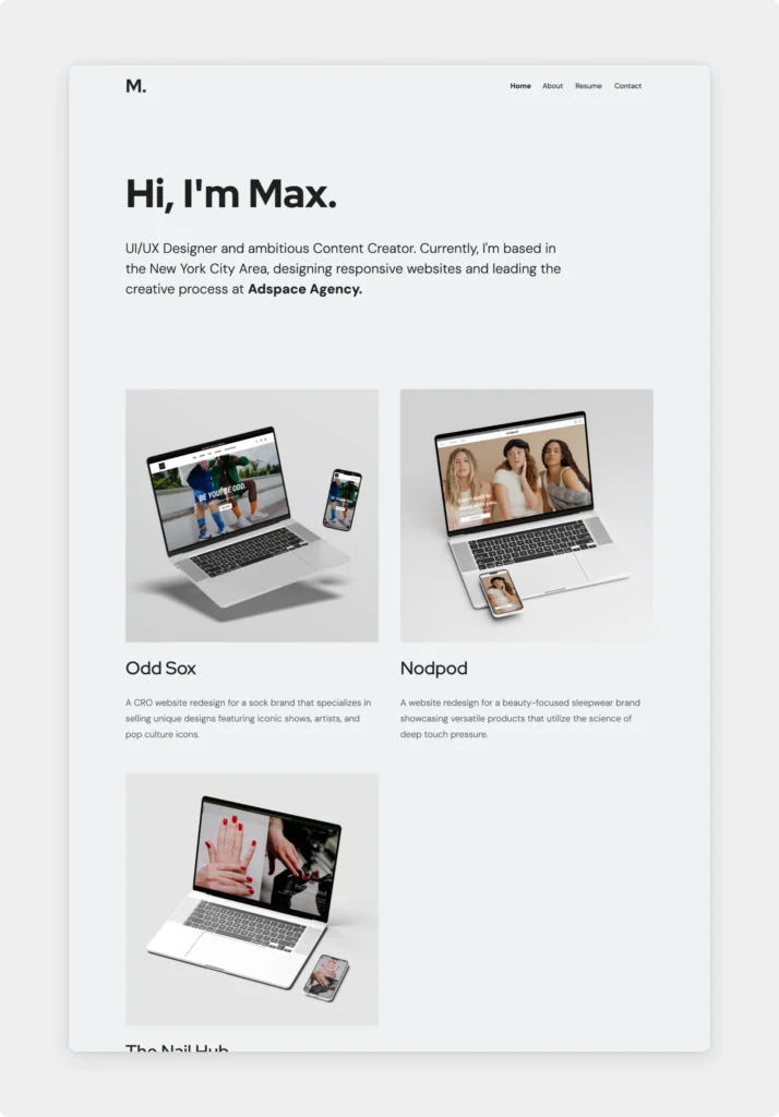 Screenshot of Max Mara's portfolio website, a minimalist site with a grey background and thumbnails featuring mockups of web design projects