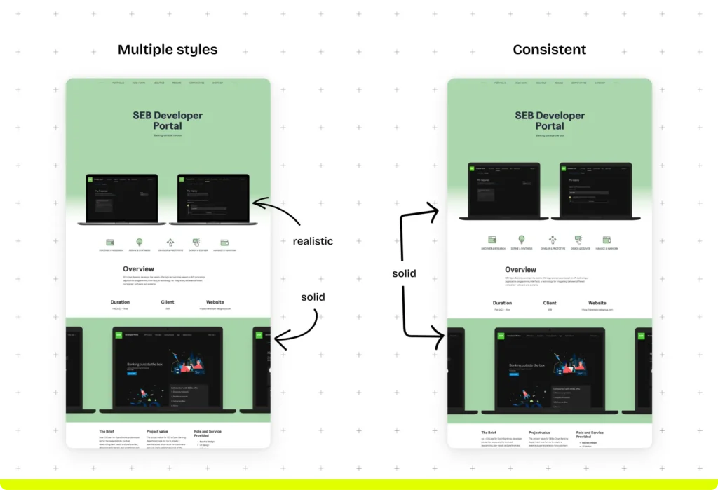 Two desktop screenshots side by side. One of them has two different types of mockup, while the second it consistent.