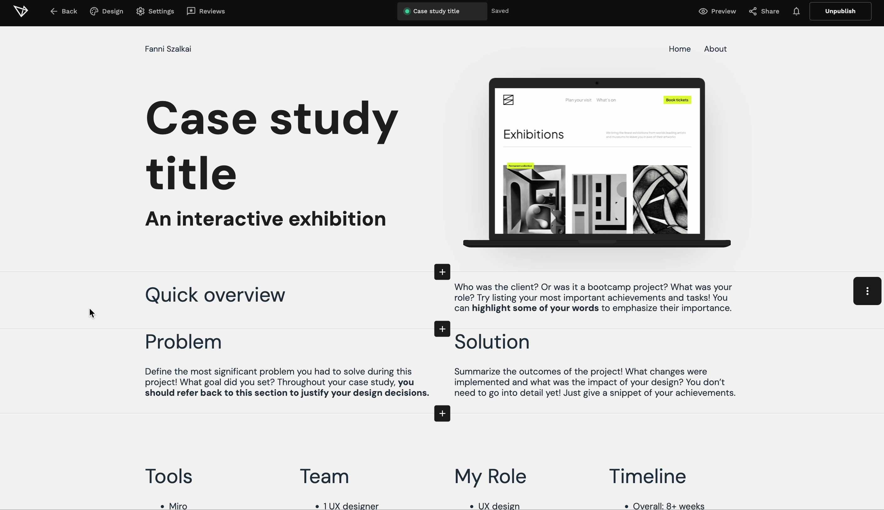 GIF of a portfolio, where initially the spacing is inconsistent. The flow shows how you can set global spacing settings in UXfolio in 5 clicks.