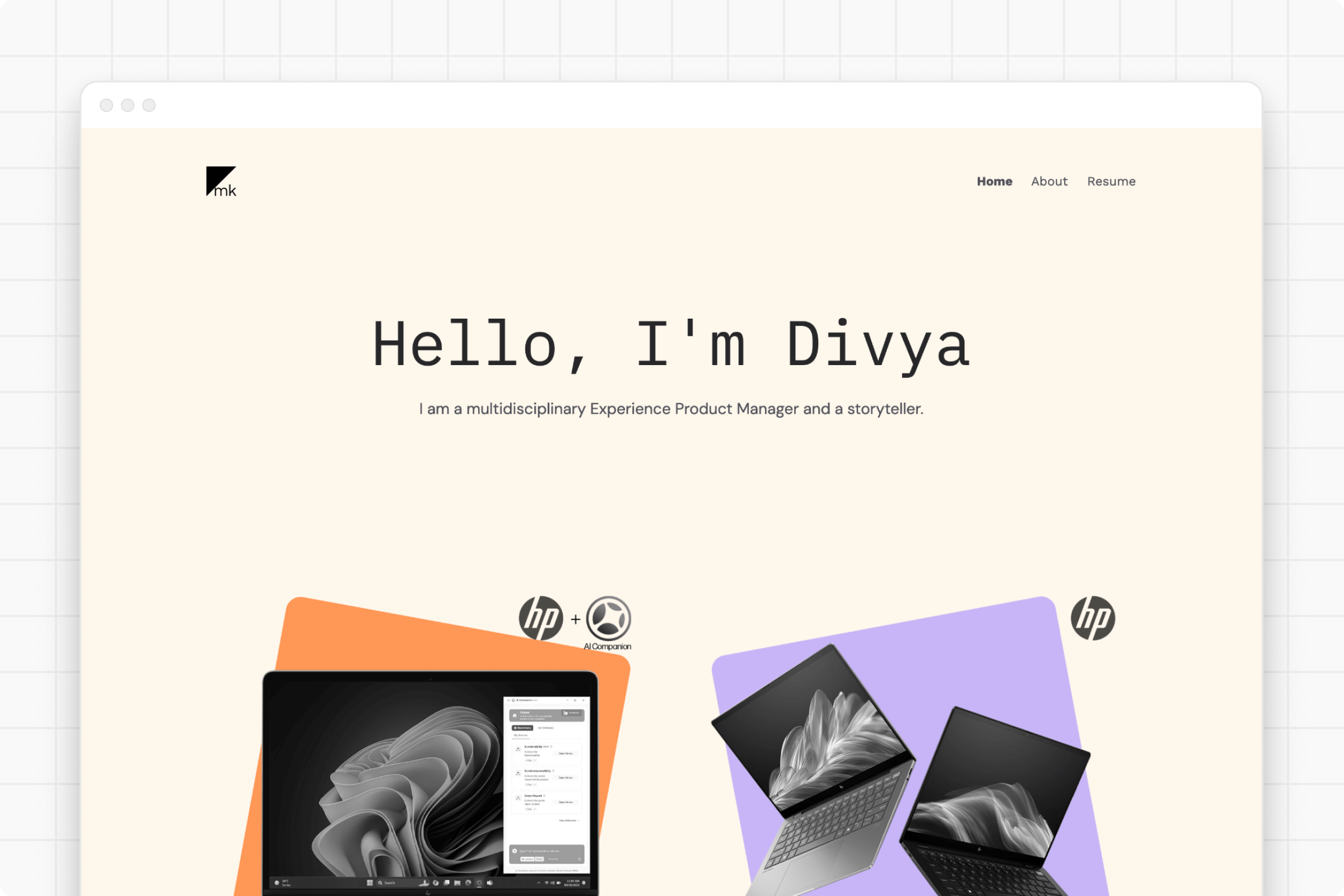 Screenshot of a portfolio on a grey background