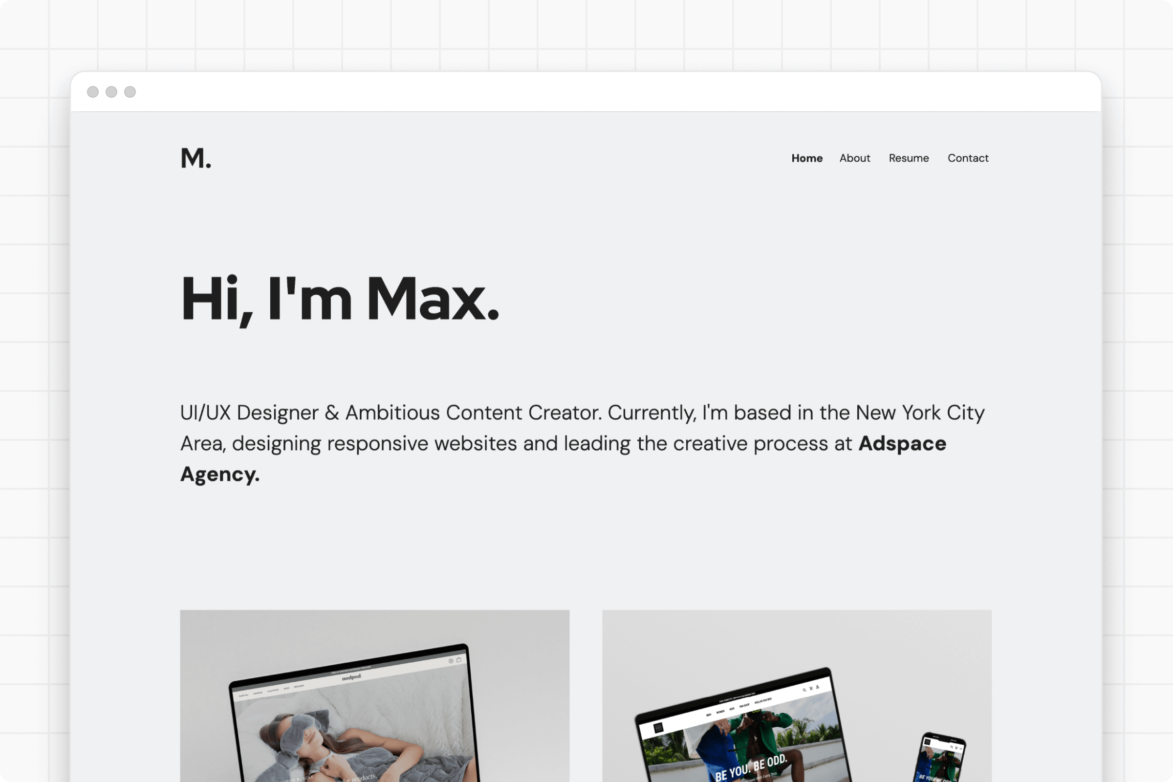 Screenshot of a portfolio on a grey background