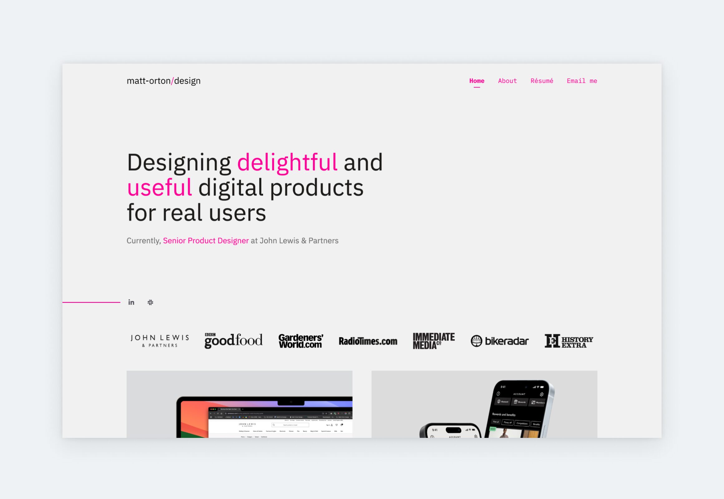 Screenshot of a UX portfolio on a grey background